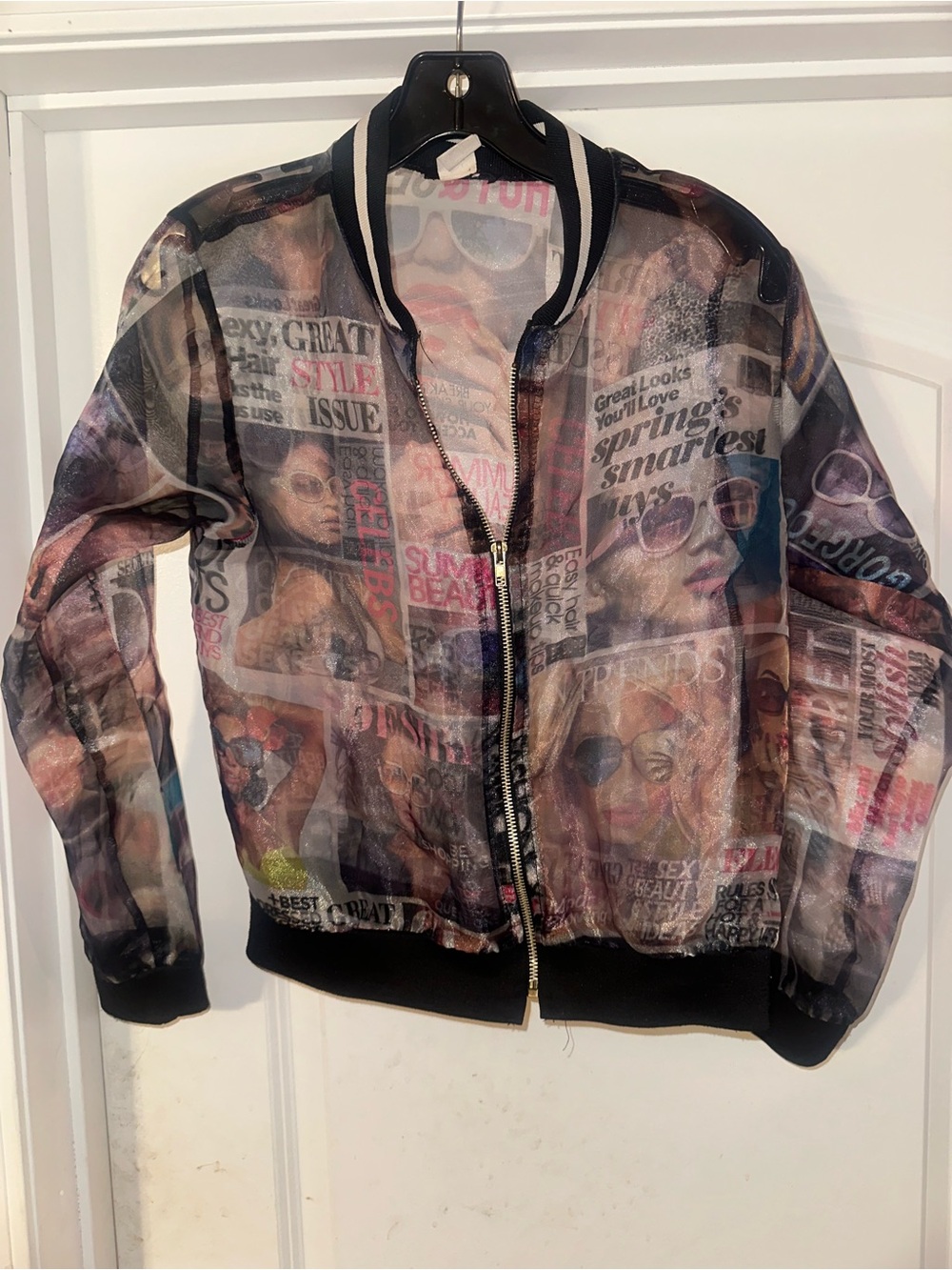 Sheer Magazine-Print Bomber Jacket - Black Trim